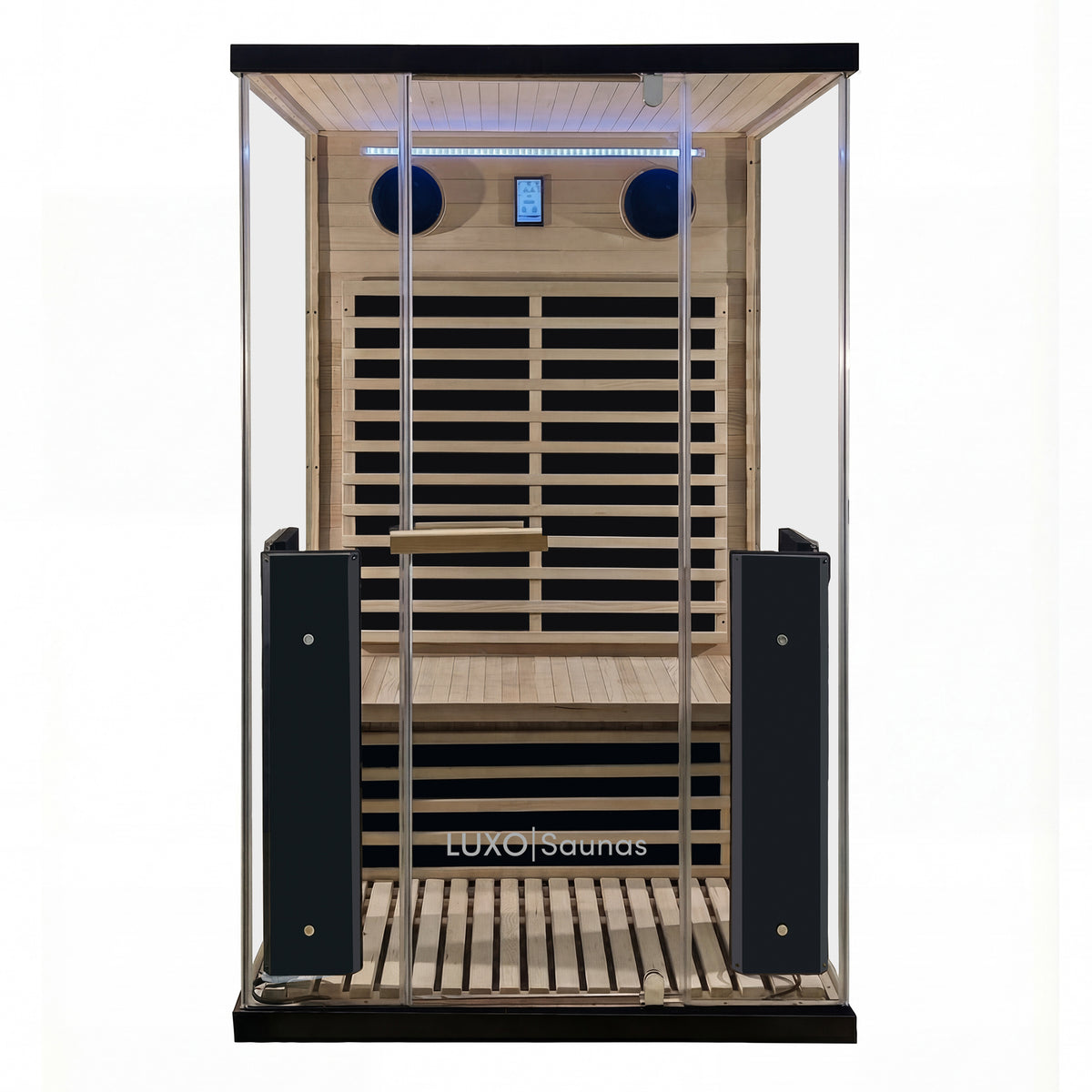 Modern glass-front sauna cabin on a white background