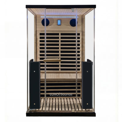 Modern glass-front sauna cabin on a white background