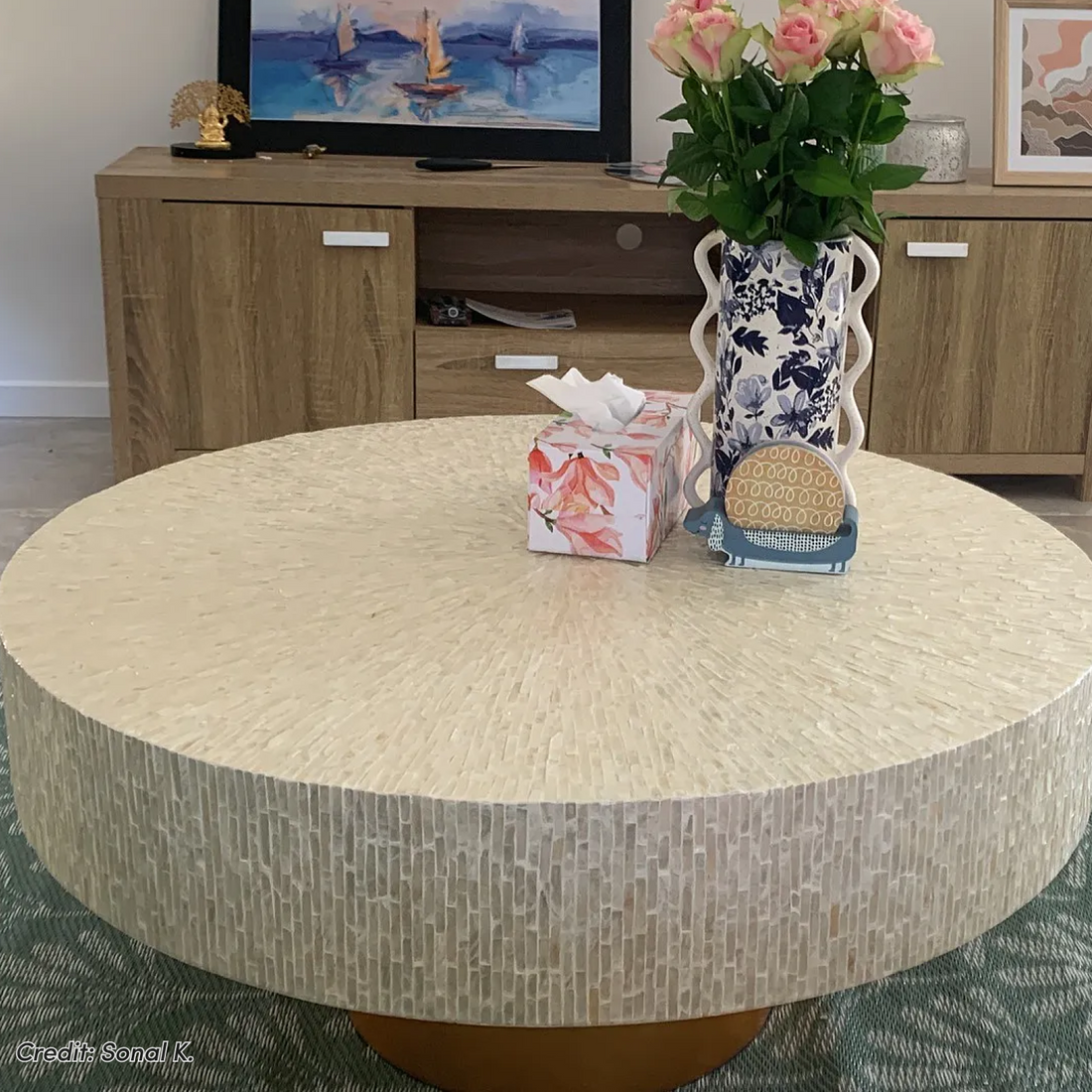 Abelene Round Mother of Pearl Inlay Coffee Table in Cream