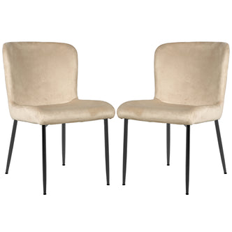 Adela Velvet Fabric Dining Chair Set of 2 in Oatmeal, featuring low-backed, light beige velvet upholstery with slim, tapered black metal legs, offering a modern and elegant addition to dining spaces.