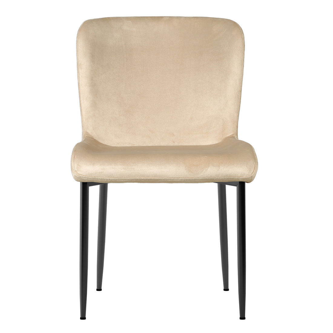 Adela Velvet Dining Chair Set of 2 in Oatmeal features a modern design with light beige velvet upholstery, padded seat and back, and black metal legs, enhancing any dining space with elegance and comfort.