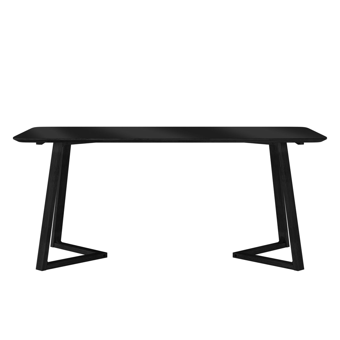 Adelina 180cm Rectangular Hardwood Dining Table Black features a sleek rectangular top and angular trapezoid legs, offering a modern minimalist look suitable for both office and dining settings.