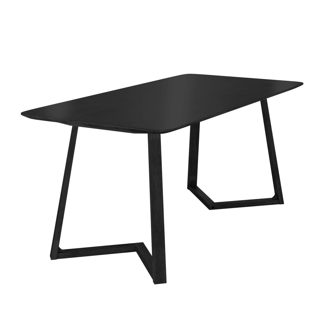Adelina 180cm Rectangular Hardwood Dining Table Black with a sleek black top and distinctive inverted-V leg frames, combining modern style with durable craftsmanship for versatile dining spaces.