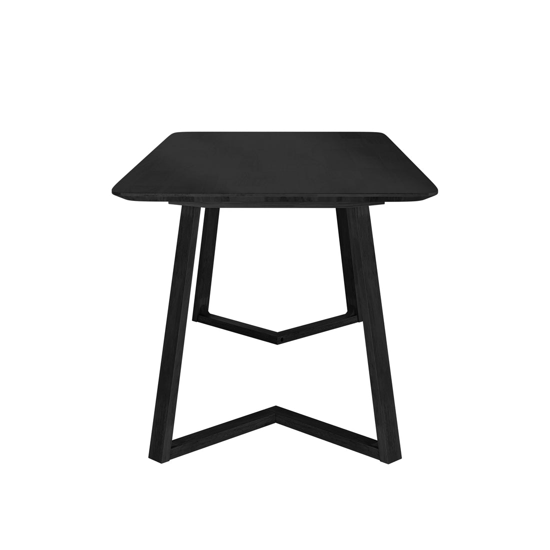 Adelina 180cm Rectangular Hardwood Dining Table Black features a sleek rectangular top and unique V-shaped angular legs, offering a modern yet timeless look ideal for various dining spaces.