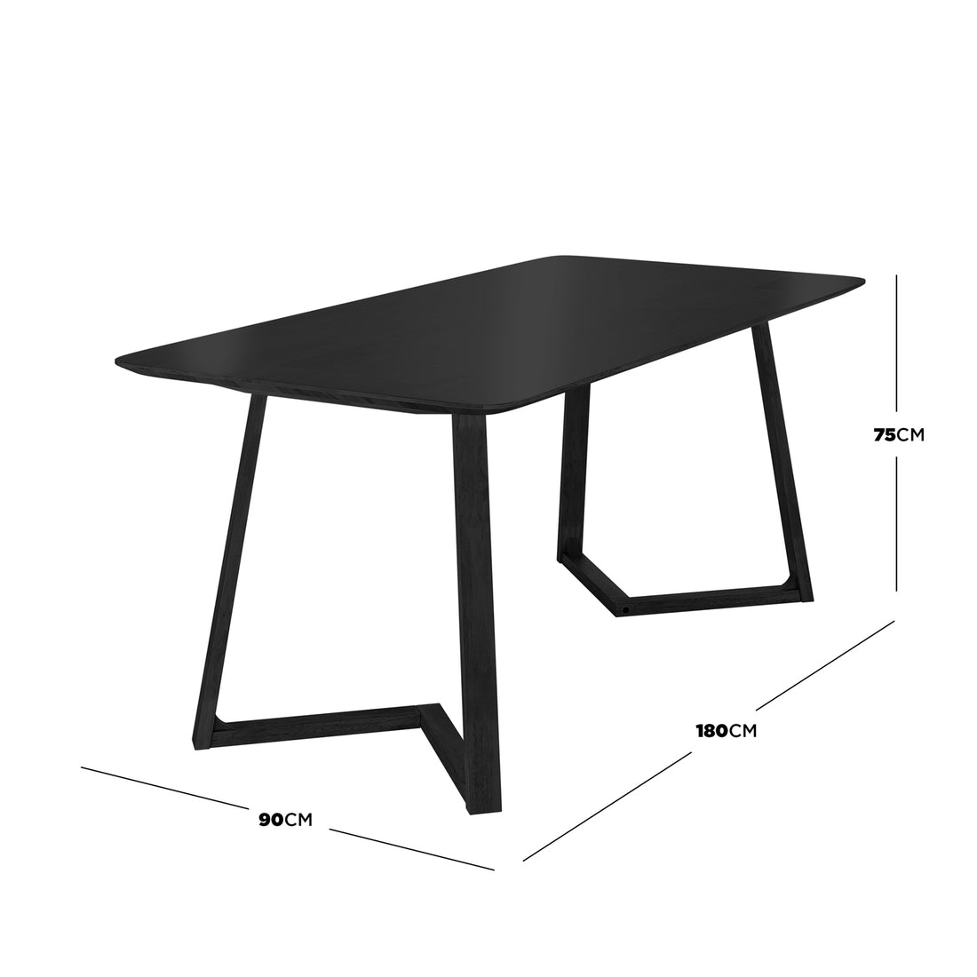 Adelina 180cm Rectangular Hardwood Dining Table Black showcases a sleek black tabletop with distinctive A-frame legs, offering a minimalist yet stylish design suitable for diverse interior settings.