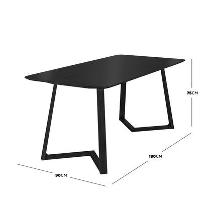 Adelina 180cm Rectangular Hardwood Dining Table Black showcases a sleek black tabletop with distinctive A-frame legs, offering a minimalist yet stylish design suitable for diverse interior settings.