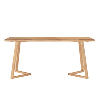 Adelina 180cm Rectangular Hardwood Dining Table features a light-wood top with rounded corners and A-frame legs, combining modern simplicity with durable craftsmanship for versatile dining spaces.