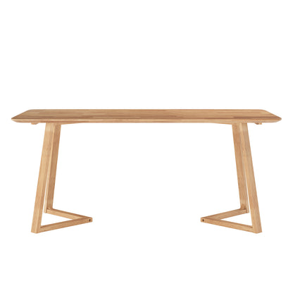Adelina 180cm Rectangular Hardwood Dining Table features a light-wood top with rounded corners and A-frame legs, combining modern simplicity with durable craftsmanship for versatile dining spaces.