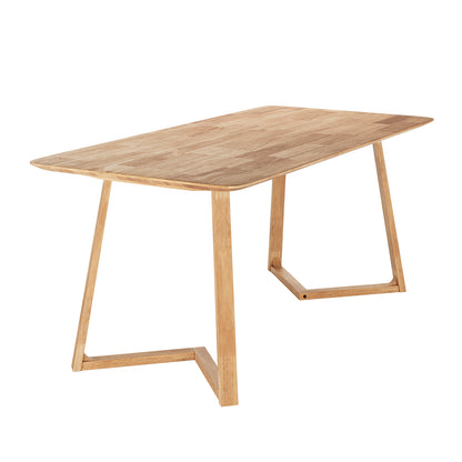 Adelina 180cm Rectangular Hardwood Dining Table Natural features a light-wood tabletop with rounded corners and trapezoidal wooden legs, offering a simple yet chic design suitable for various interiors.