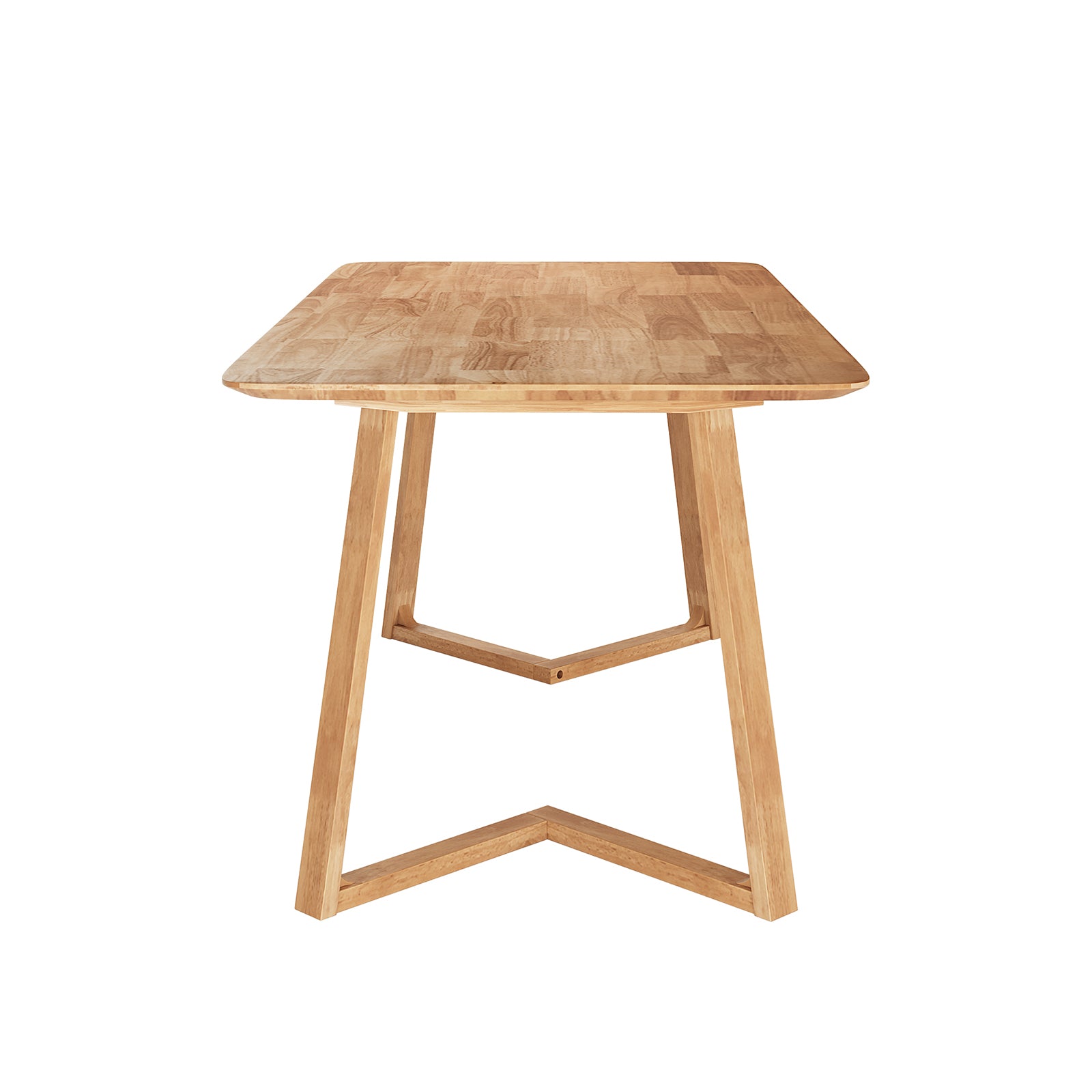 Adelina 180cm Rectangular Hardwood Dining Table Natural features a butcher-block style top with slightly rounded corners and an A-frame base, offering a simple, modern design ideal for any dining space.