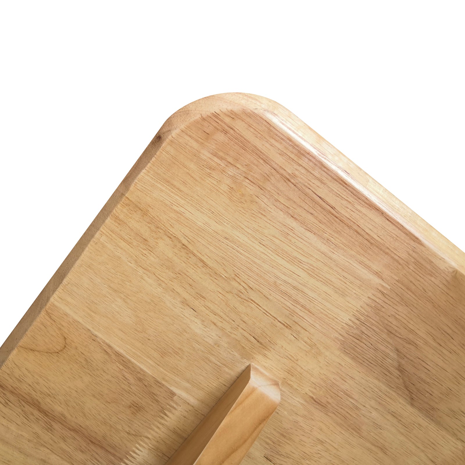 Close-up of the Adelina 180cm Rectangular Hardwood Dining Table Natural, showcasing a smooth wooden tabletop corner with a triangular support block underneath, highlighting its sturdy craftsmanship and minimalist design.