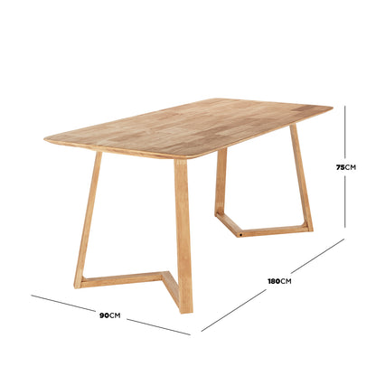 Adelina 180cm Rectangular Hardwood Dining Table Natural with a light oak finish features a simple tabletop and angled A-frame legs on flat-bar bases, measuring 180x90x75cm.
