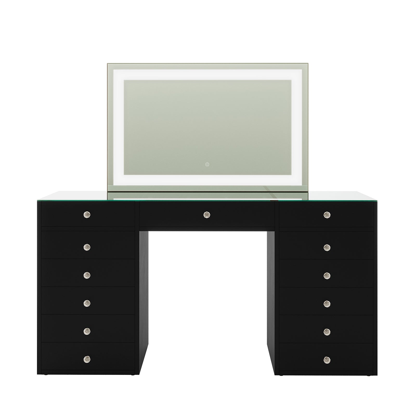 Adeline Makeup Vanity Table with LED Mirror in Black: Black unit features 12 drawers with crystal knobs, a glass top, and a large LED-lit mirror with touch-sensitive controls for adjustable lighting.