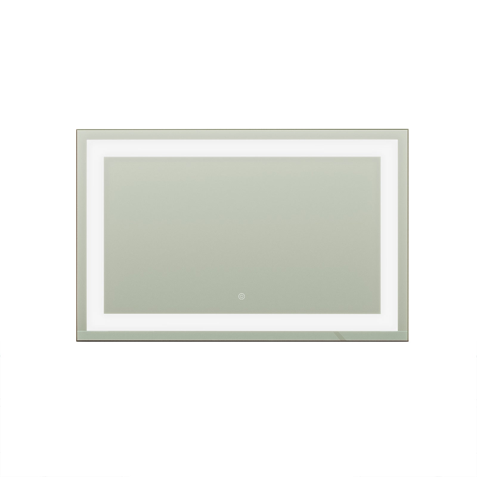Adeline Wall Mount Touch Screen Mirror with LED Light in Black, featuring a rectangular design with integrated LED lighting and a central touch-button for easy control, set against a plain background.