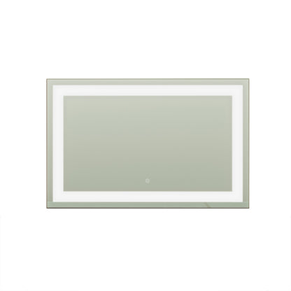 Adeline Wall Mount Touch Screen Mirror with LED Light in Black, featuring a rectangular design with integrated LED lighting and a central touch-button for easy control, set against a plain background.