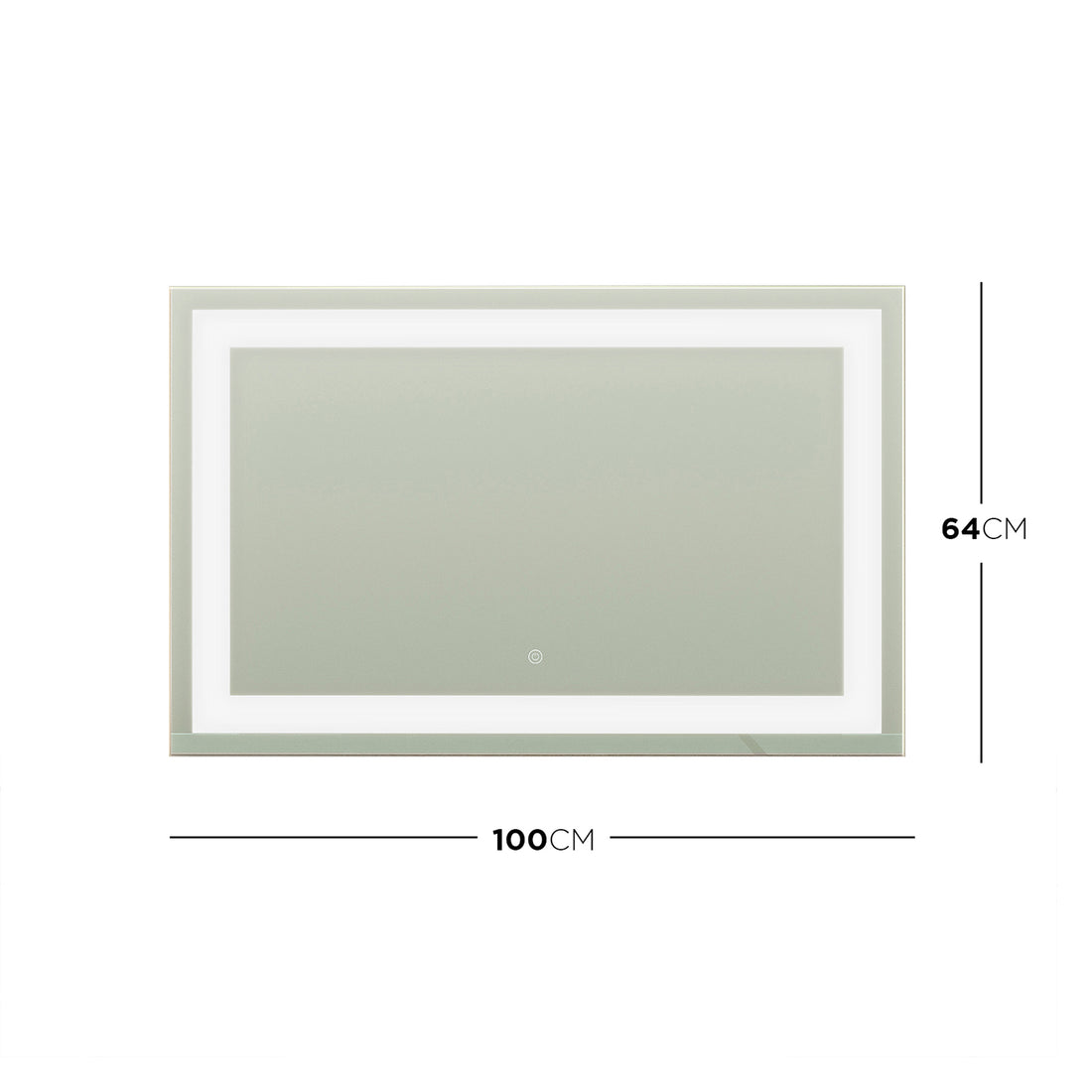 Adeline Wall Mount Touch Screen Mirror with LED Light in Black, featuring a rectangular shape with illuminated inner border, touch-sensitive on/off switch at lower center, and sleek black frame for contemporary style.