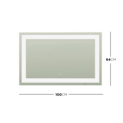 Adeline Wall Mount Touch Screen Mirror with LED Light in Black, featuring a rectangular shape with illuminated inner border, touch-sensitive on/off switch at lower center, and sleek black frame for contemporary style.