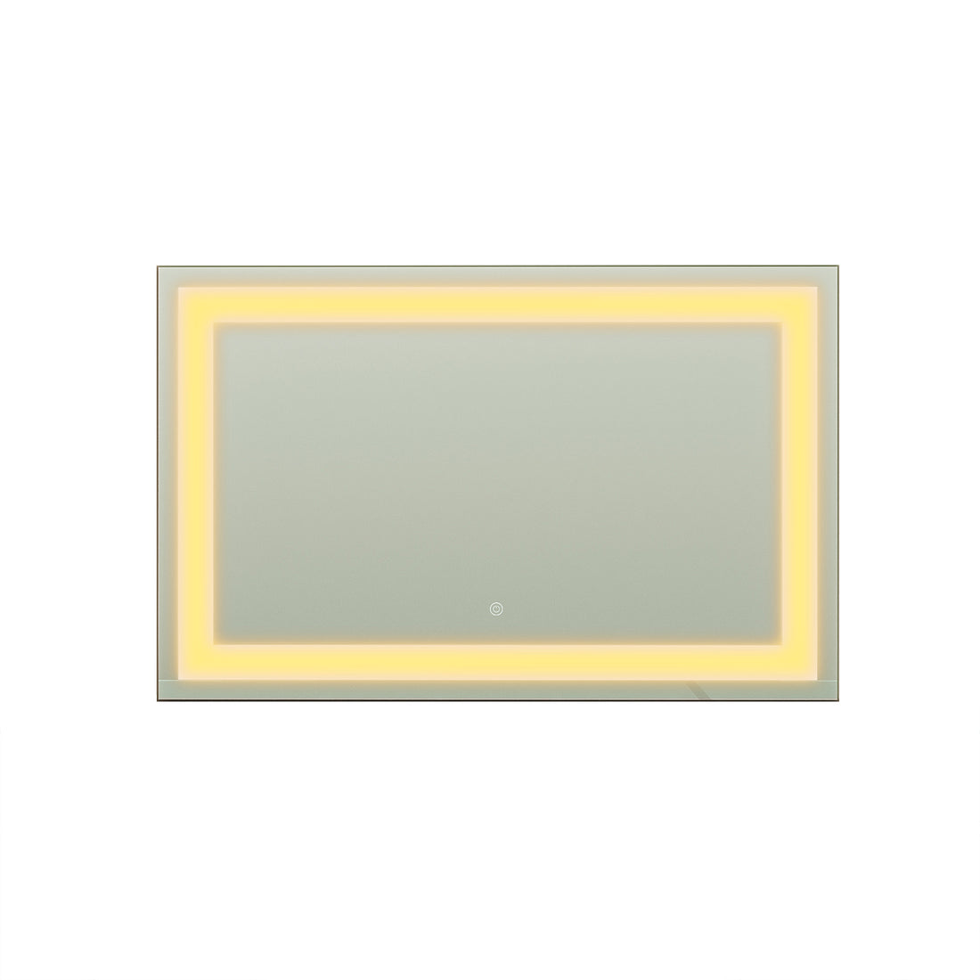 Adeline Wall Mount Touch Screen Mirror with LED Light in Black, showcasing a sleek rectangular design with an illuminated warm white LED strip along the inner perimeter, perfect for modern, elegant spaces.