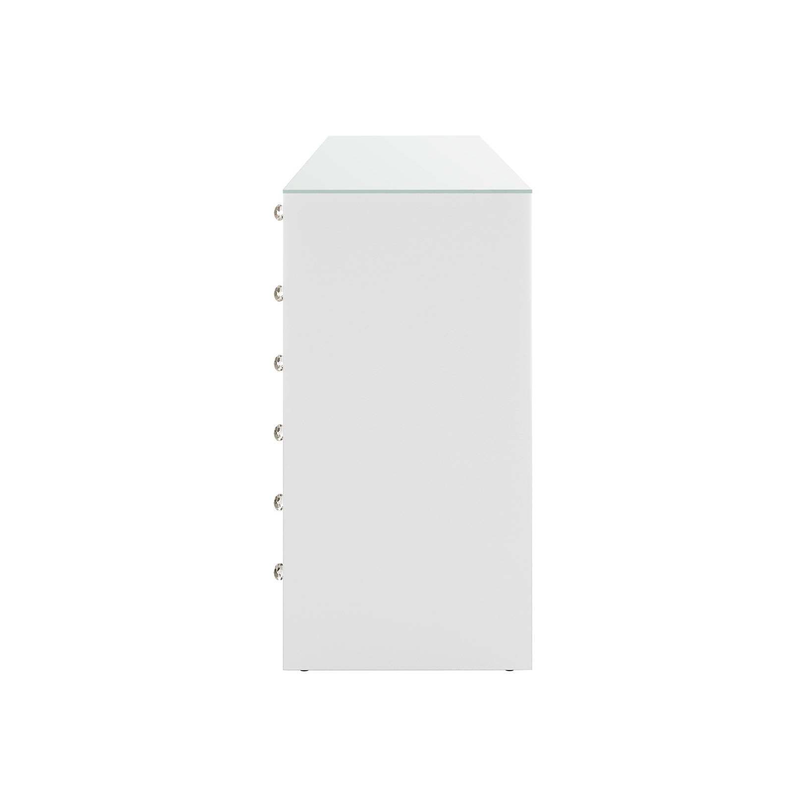 Side-view of the Adeline Glass Top Storage Makeup Dressing Table Desk in White, featuring a sleek glass surface, six visible drawers with crystal-style pulls, ideal for stylish and organized beauty storage.