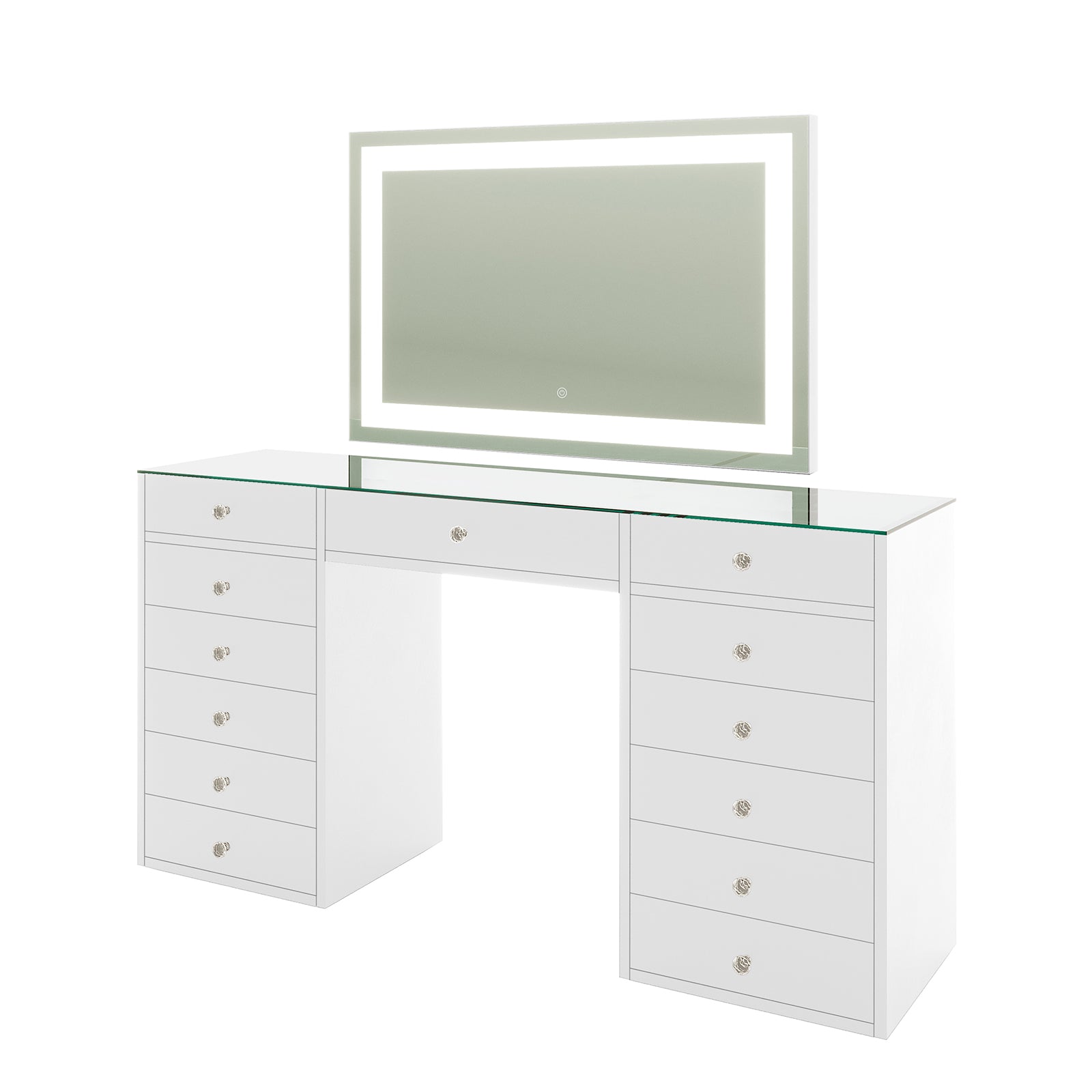 Adeline Makeup Vanity Table with LED Mirror in White features a glass-topped desk, dual drawer banks, a central knee-space, and an LED-lit rectangular mirror with touch controls.