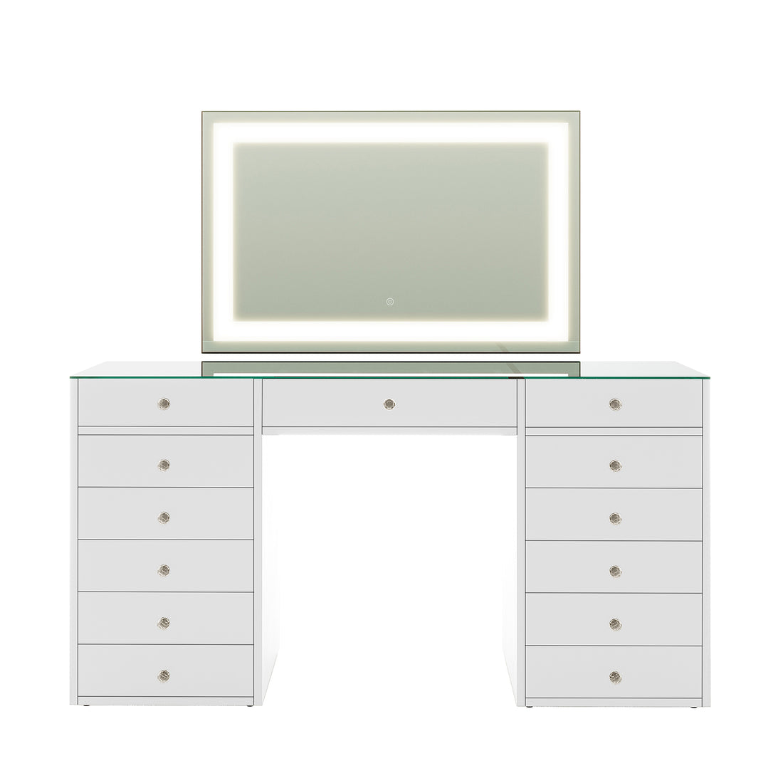 Adeline Makeup Vanity Table with LED Mirror in White features a glass-topped desk with two drawer towers, a central mirror with LED lighting, and crystal-inspired handles for a chic, organized setup.