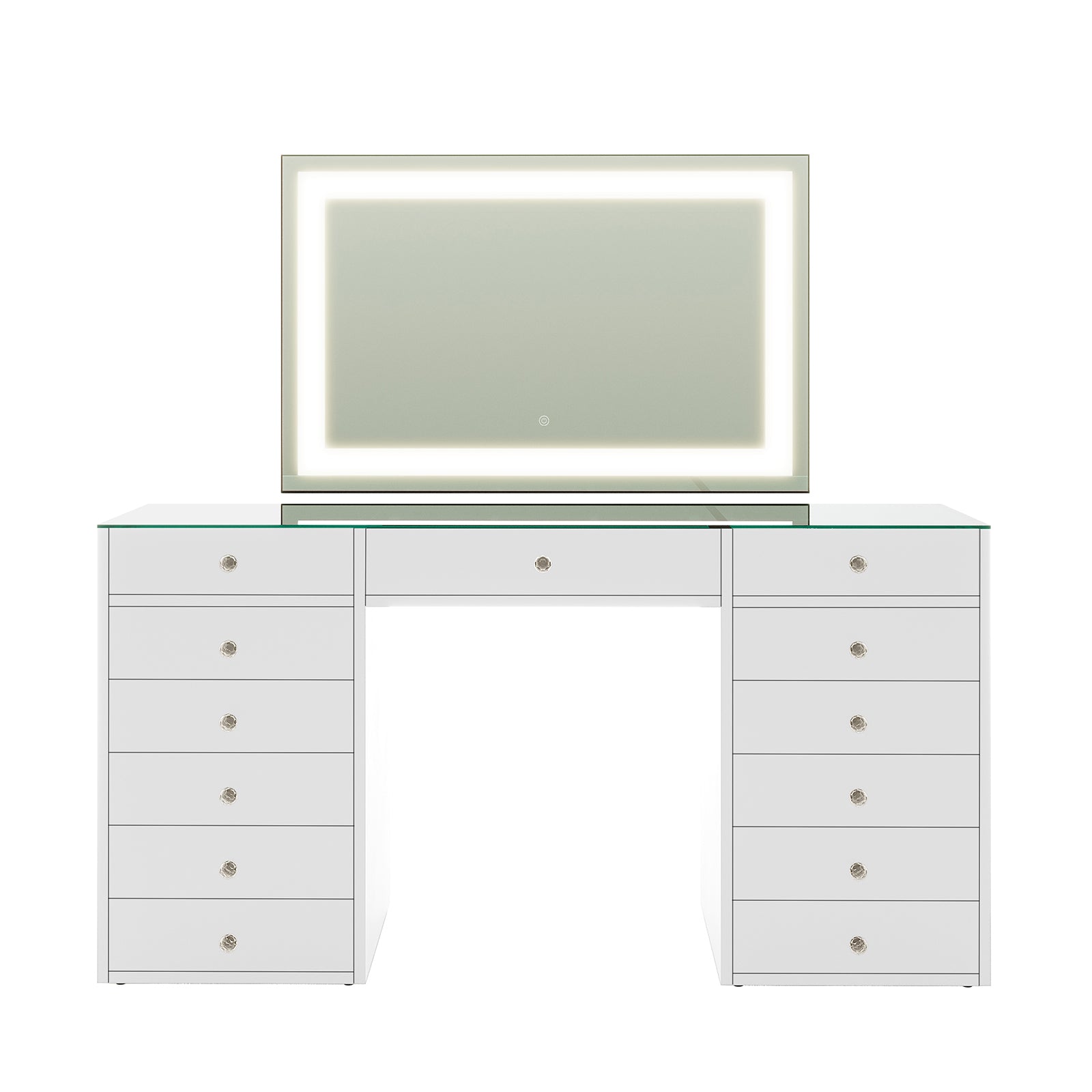 Adeline Makeup Vanity Table with LED Mirror in White features a glass-topped desk with two drawer towers, a central mirror with LED lighting, and crystal-inspired handles for a chic, organized setup.