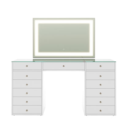 Adeline Makeup Vanity Table with LED Mirror in White features a glass-topped desk with two drawer towers, a central mirror with LED lighting, and crystal-inspired handles for a chic, organized setup.