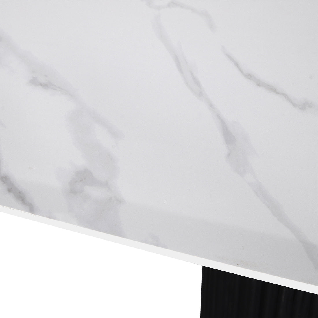 Aeris 180cm Marble Look Dining Table with Wood Base in Black, showcasing a white marble-patterned tabletop with subtle gray veining and a sturdy black support leg underneath.
