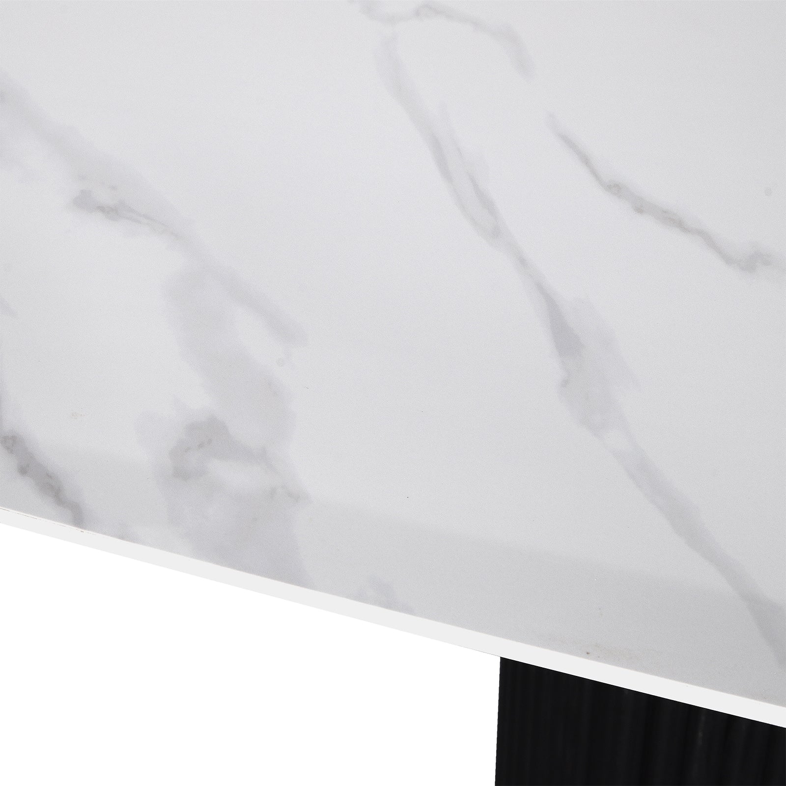 Aeris 180cm Marble Look Dining Table with Wood Base in Black, showcasing a white marble-patterned tabletop with subtle gray veining and a sturdy black support leg underneath.
