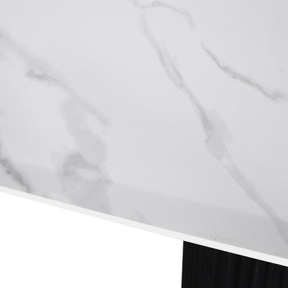 Aeris 180cm Marble Look Dining Table with Wood Base in Black, showcasing a white marble-patterned tabletop with subtle gray veining and a sturdy black support leg underneath.