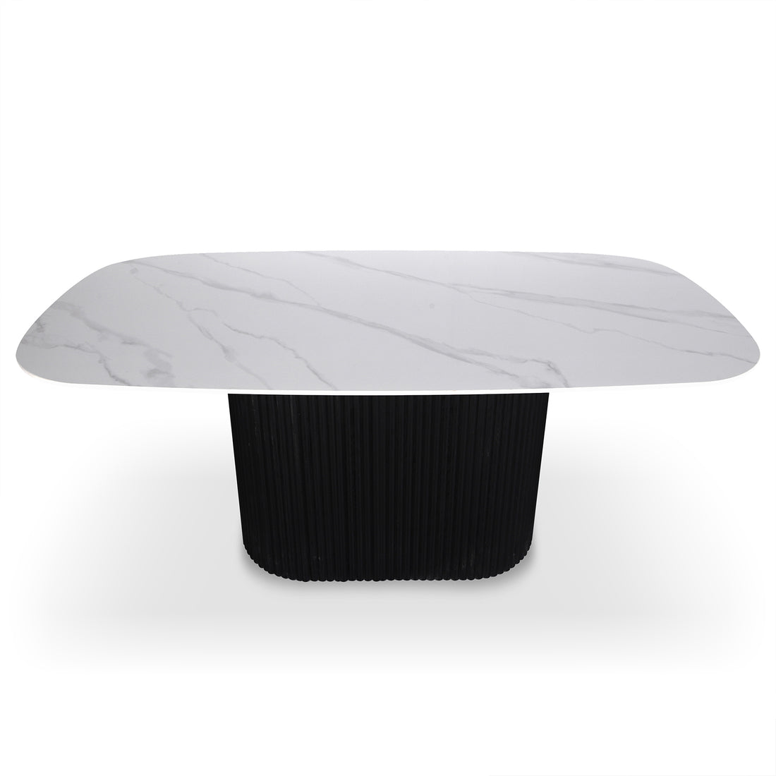Aeris 180cm Marble Look Dining Table With Wood Base in Black features a white marble-look top with grey veining and a fluted black pedestal base, offering modern elegance and practicality.