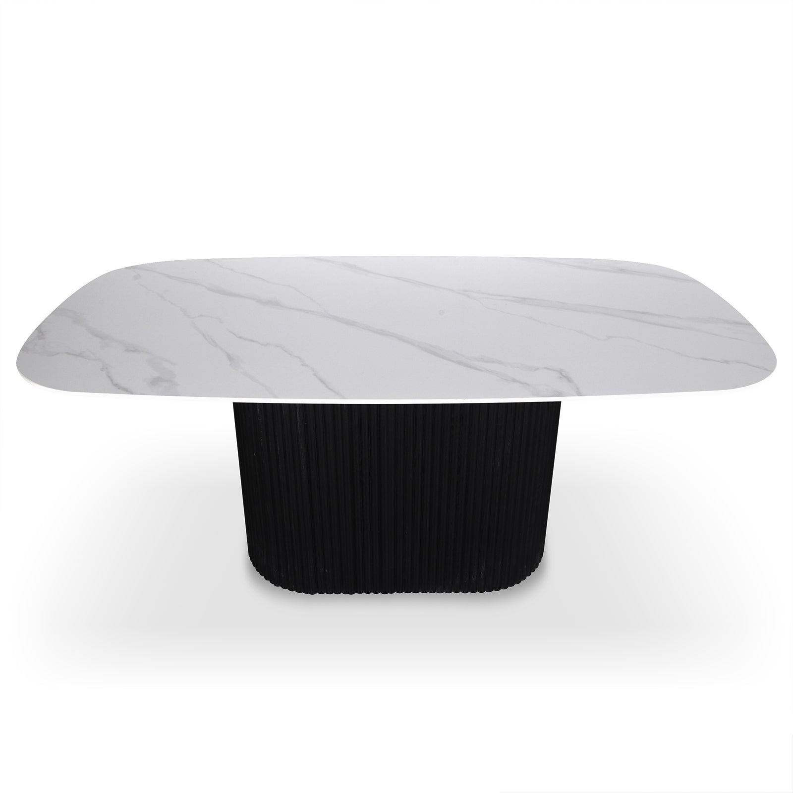 Aeris 180cm Marble Look Dining Table With Wood Base in Black features a white marble-look top with grey veining and a fluted black pedestal base, offering modern elegance and practicality.