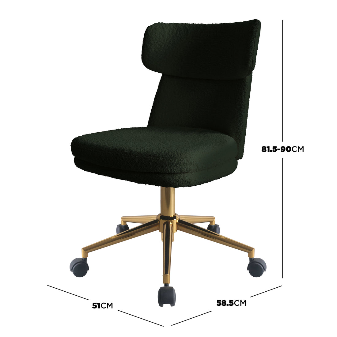 Luxo Aerona High Back Boucle Office Chair in Dark Green features a contoured seat with integrated backrest, dark bouclé upholstery, and gold-plated swivel base with caster wheels, ensuring ergonomic comfort and style.