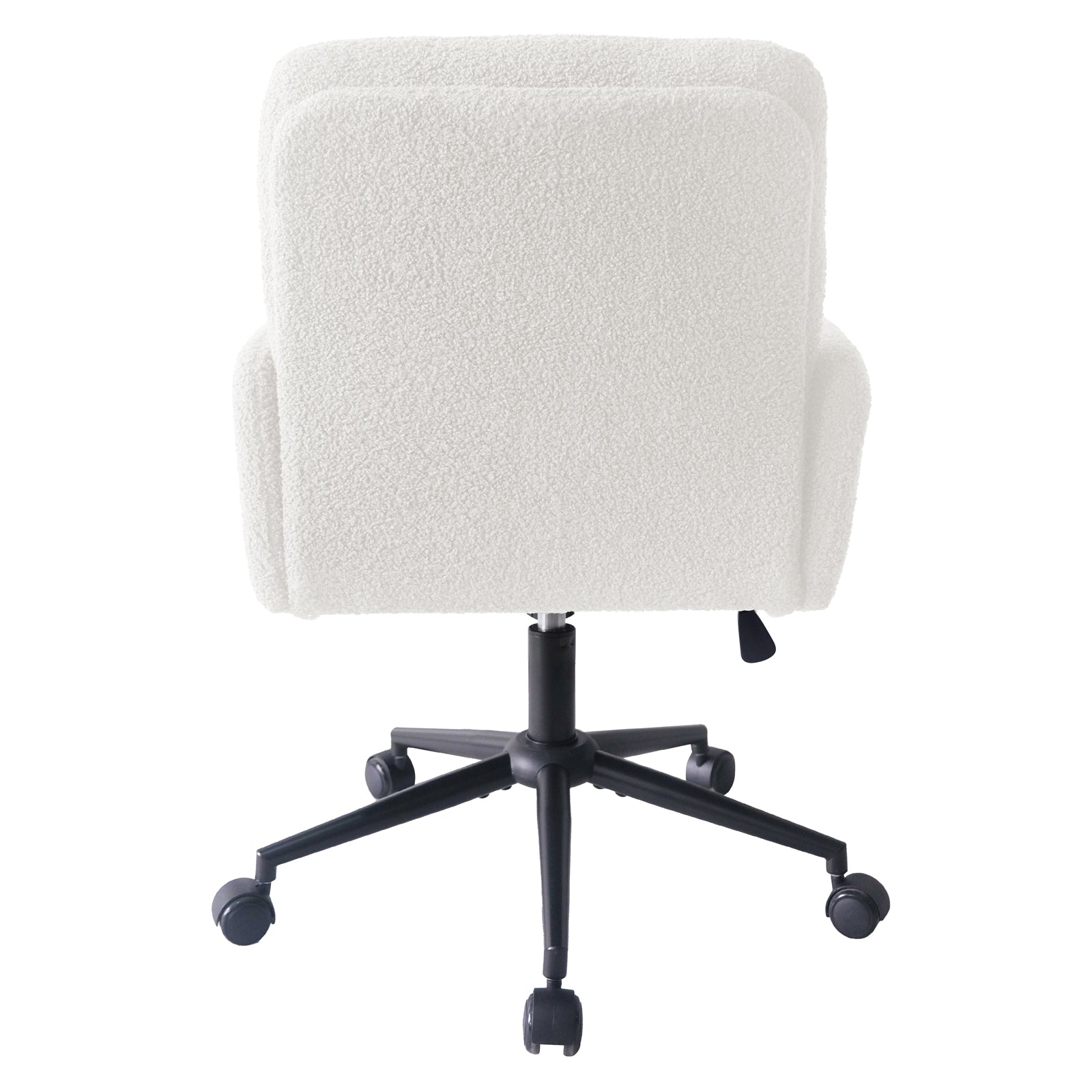 Luxo Aglaya Boucle Swivel Office Chair in Cream White, featuring a square padded backrest and arm pads in soft boucle fabric, on a black five-leg base with caster wheels and height-adjustment lever.