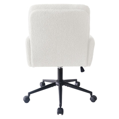 Luxo Aglaya Boucle Swivel Office Chair in Cream White, featuring a square padded backrest and arm pads in soft boucle fabric, on a black five-leg base with caster wheels and height-adjustment lever.