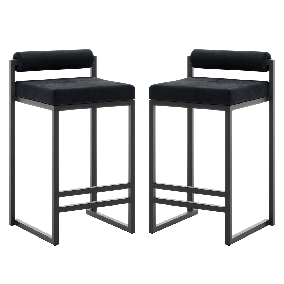 Aivy Velvet Bar Stool Black Set of 2 showcasing sleek design with velvet upholstered seats and matte black metal frames. The stools are ideal for contemporary dining spaces, emphasizing modern comfort and functionality.