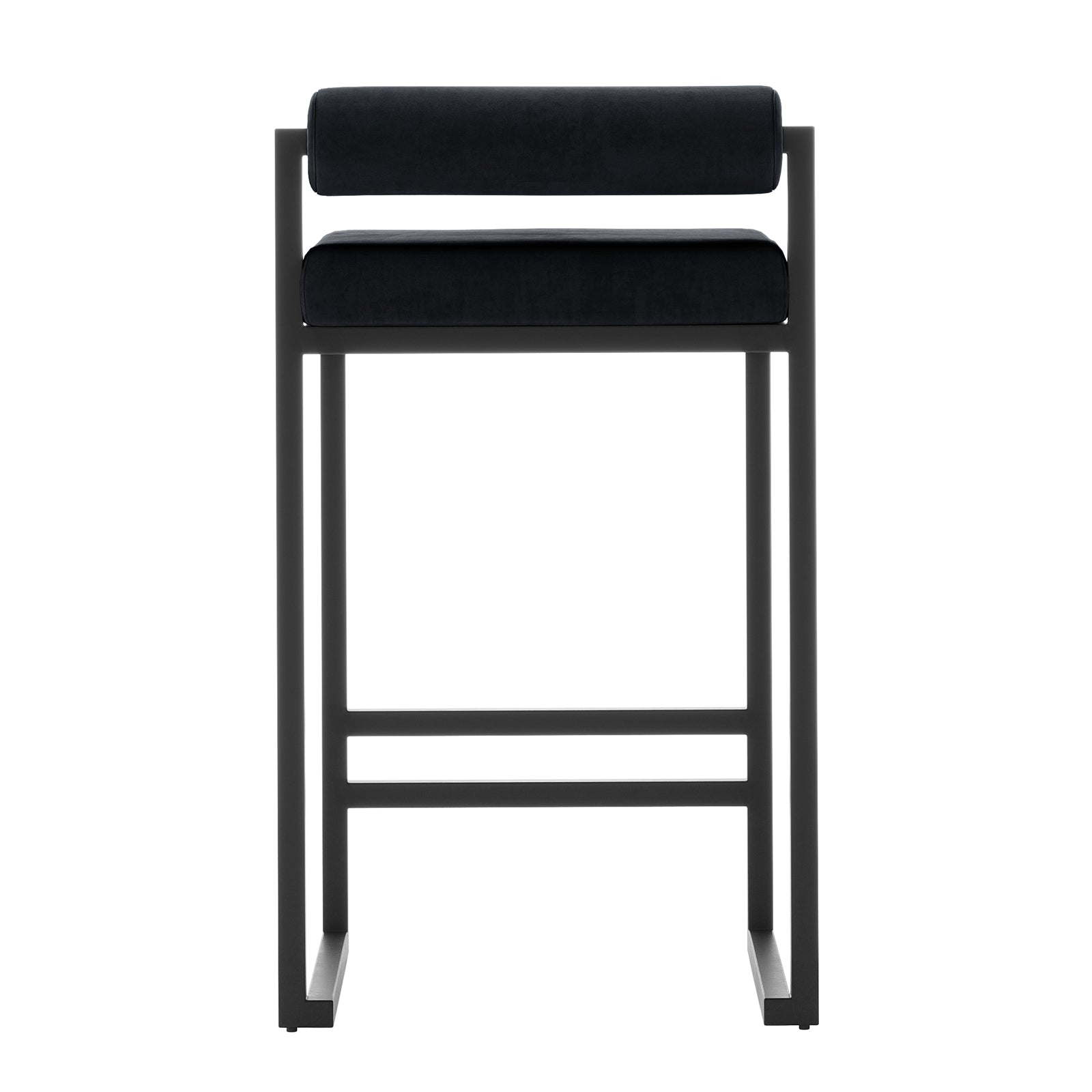Aivy Velvet Bar Stool Black Set of 2 featuring sleek black metal frames and plush velvet seats with thick foam padding, designed for modern dining spaces.