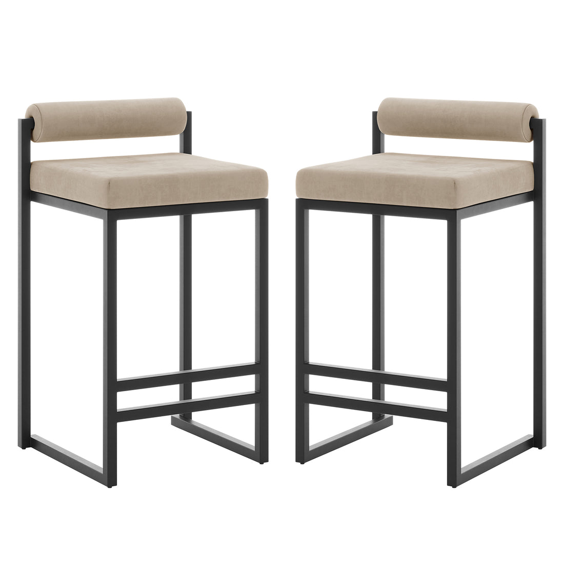 Aivy Velvet Bar Stool - Set of 2, featuring plush foam padding and a sturdy black metal frame with built-in footrests, shown against a white background with a focus on design craftsmanship.