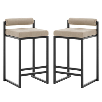 Aivy Velvet Bar Stool - Set of 2, featuring plush foam padding and a sturdy black metal frame with built-in footrests, shown against a white background with a focus on design craftsmanship.
