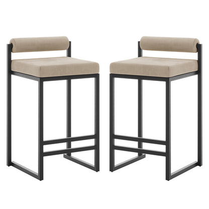 Aivy Velvet Bar Stool - Set of 2, featuring plush foam padding and a sturdy black metal frame with built-in footrests, shown against a white background with a focus on design craftsmanship.