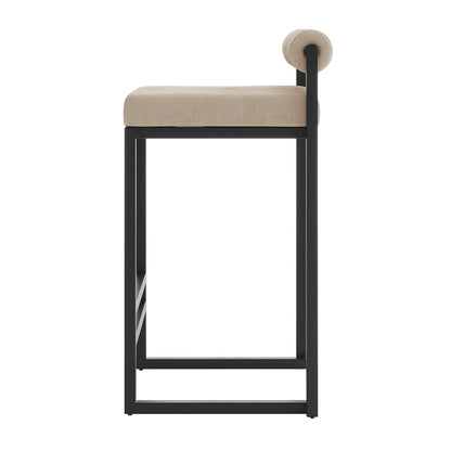 Aivy Velvet Bar Stool - Set of 2, featuring sleek velvet upholstery and a sturdy black metal frame, prominently displayed with plush foam padding and an integrated footrest for added comfort.