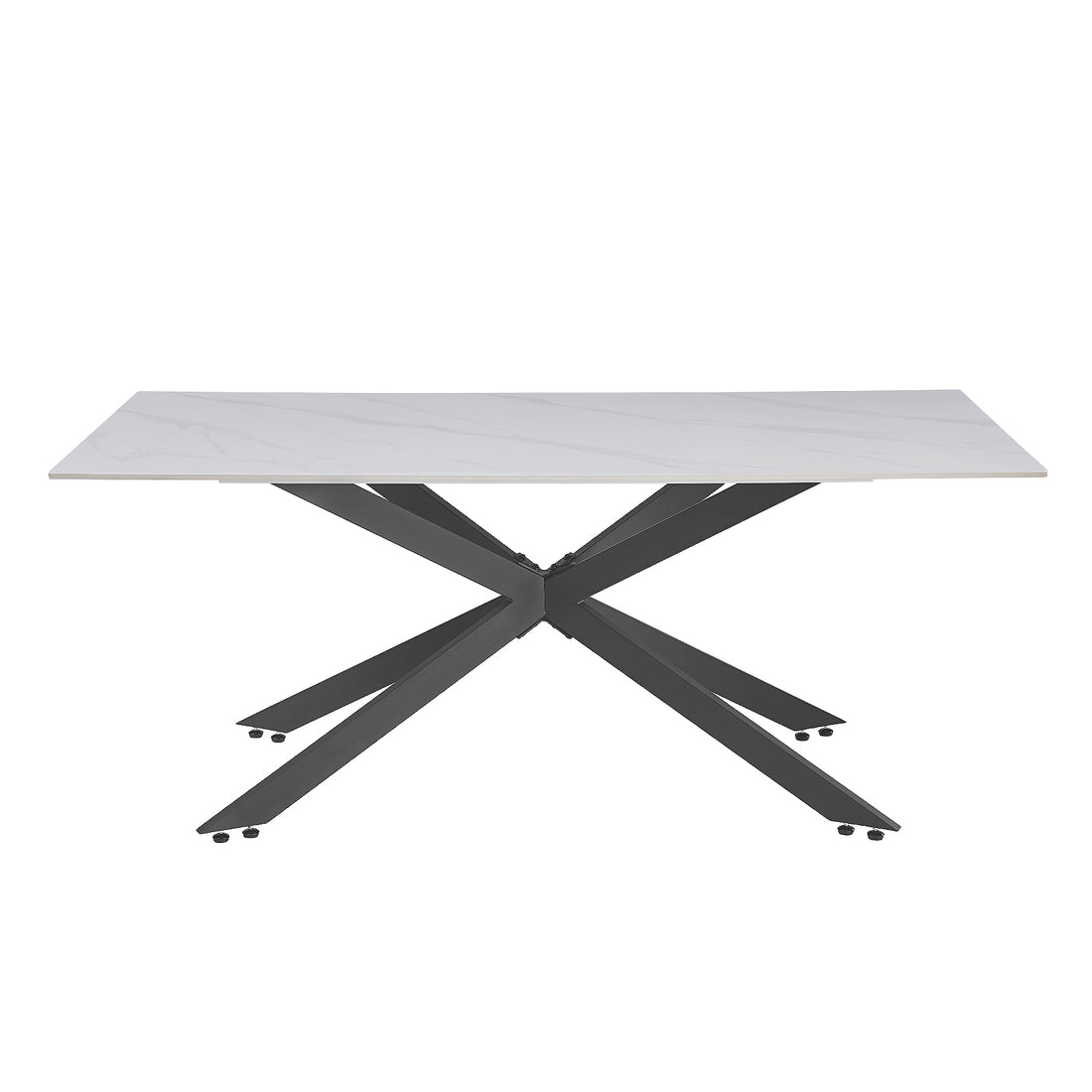 Alfred 180cm Modern Pedestal Dining Table - White Marble features a sleek white marble-look top with a spider-like black metal base, ideal for seating six, blending modernity and elegance.