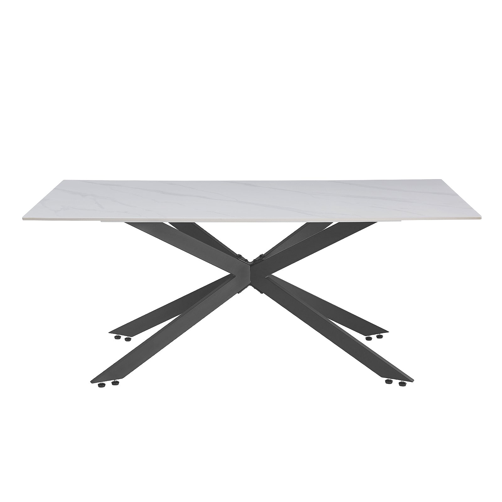 Alfred 180cm Modern Pedestal Dining Table - White Marble features a sleek white marble-look top with a spider-like black metal base, ideal for seating six, blending modernity and elegance.