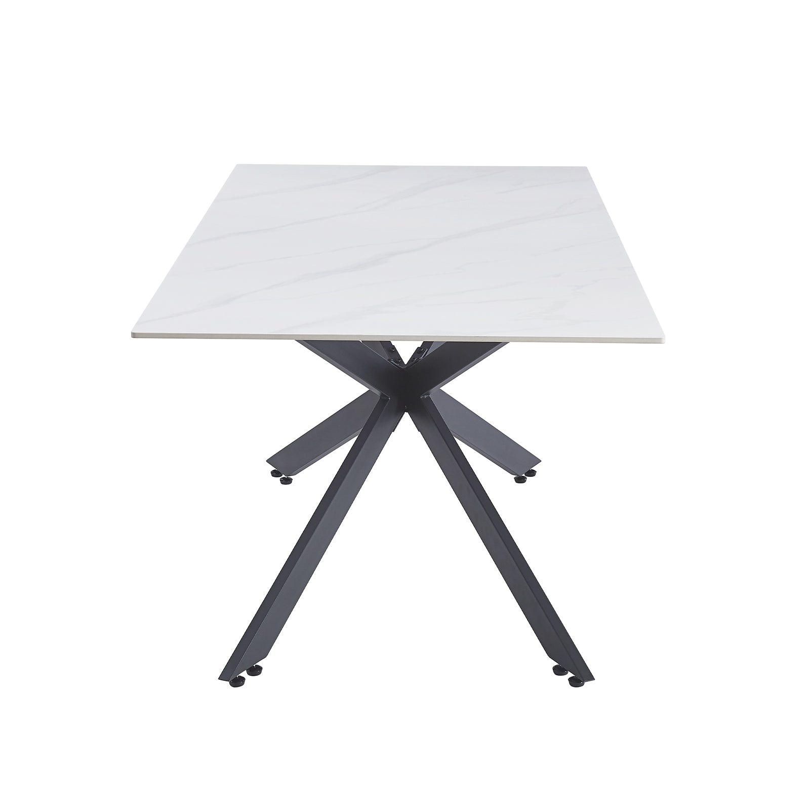Alfred 180cm Modern Pedestal Dining Table features a square white marble-look top and sleek dark metal X-style base with angled legs, embodying a sophisticated café-style elegance.