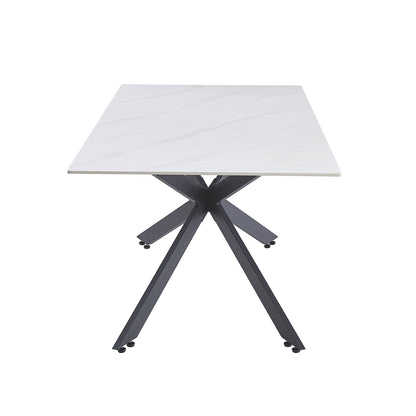 Alfred 180cm Modern Pedestal Dining Table features a square white marble-look top and sleek dark metal X-style base with angled legs, embodying a sophisticated café-style elegance.