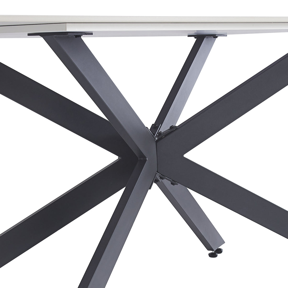 Alfred 180cm Modern Pedestal Dining Table - White Marble features a robust, dark metal base with an X-leg configuration, showcasing flat plates for tabletop attachment and an adjustable foot for stability.