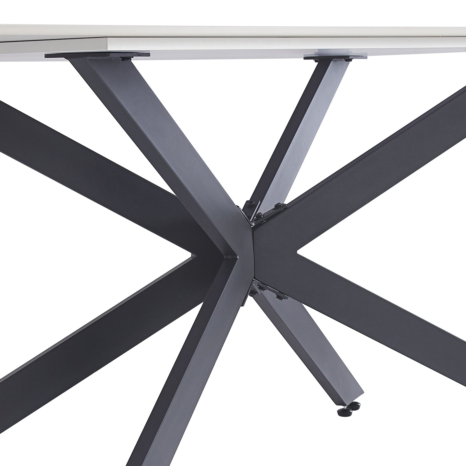 Alfred 180cm Modern Pedestal Dining Table - White Marble features a robust, dark metal base with an X-leg configuration, showcasing flat plates for tabletop attachment and an adjustable foot for stability.