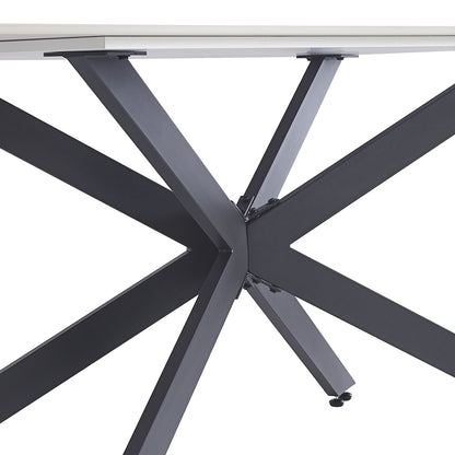 Alfred 180cm Modern Pedestal Dining Table - White Marble features a robust, dark metal base with an X-leg configuration, showcasing flat plates for tabletop attachment and an adjustable foot for stability.