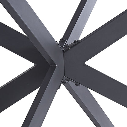 Close-up of the black powder-coated steel base of the Alfred 180cm Modern Pedestal Dining Table - White Marble, showcasing the sturdy spider design where rectangular metal legs connect for support.