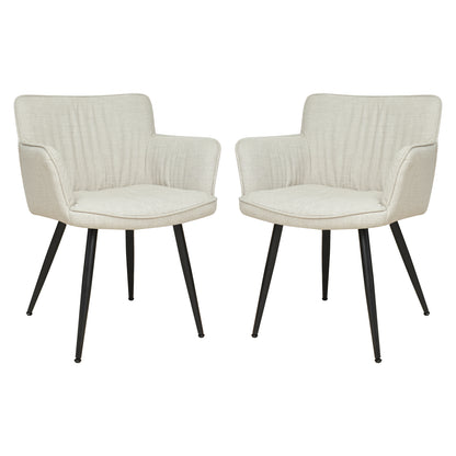 Anthony Linen Dining Chair with Arms Set of 2 in Beige, featuring cream-beige textured upholstery with vertical stitching, low integrated armrests, and slim black metal legs, embodies modern elegance and comfort.
